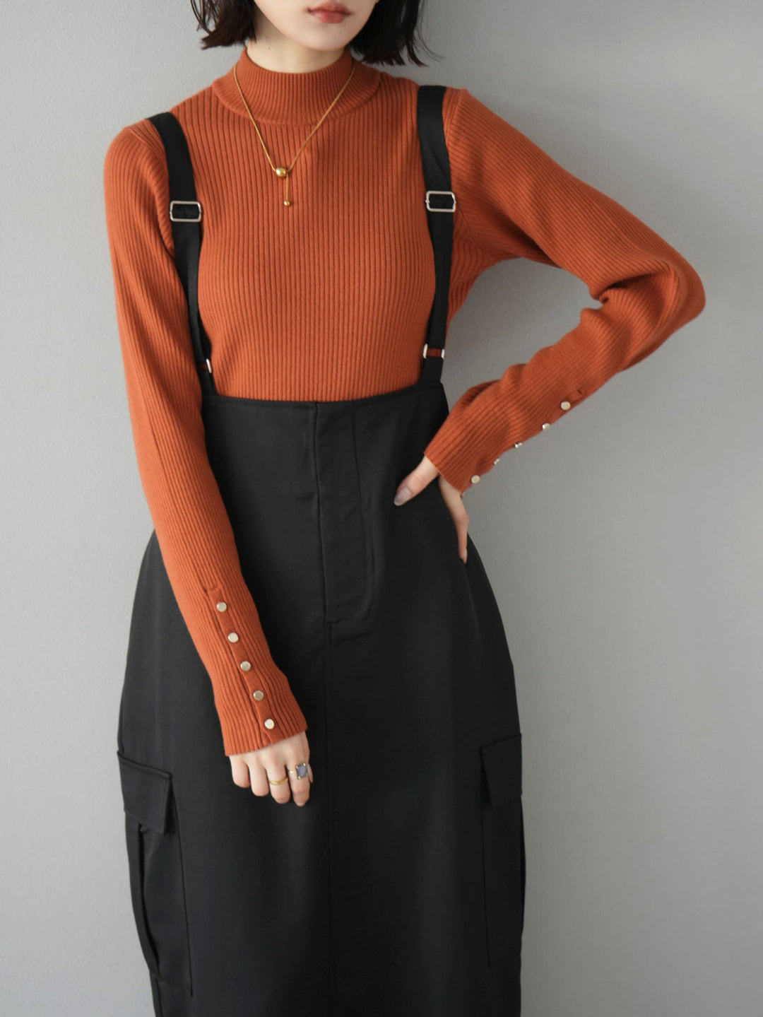 [SET] Sleeve button bottle neck ribbed knit top + sleeve button bottle neck ribbed knit top (2 sets)