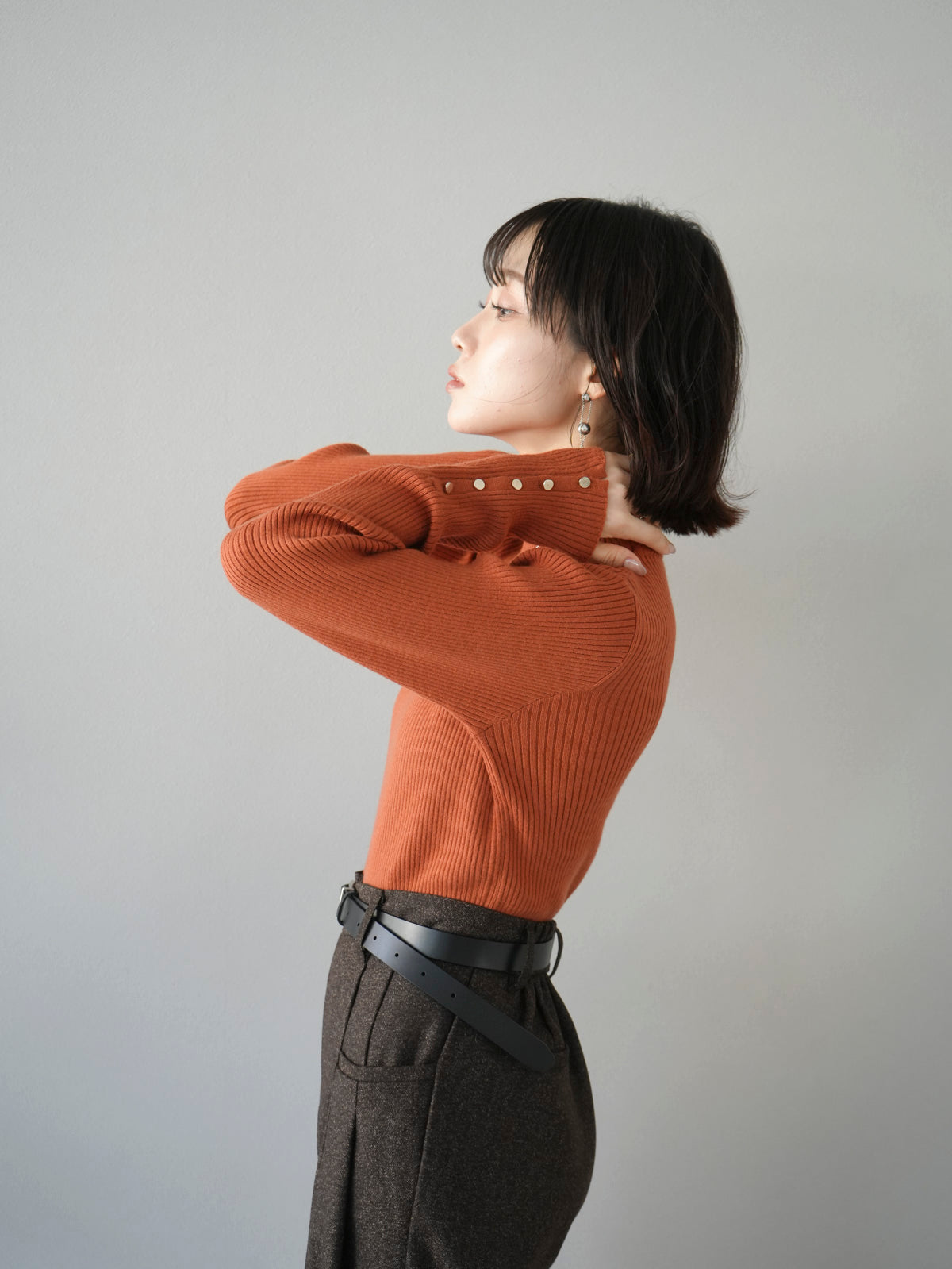 SET]袖ボタンボトルネックリブニットトップス+ツイードダブルタック