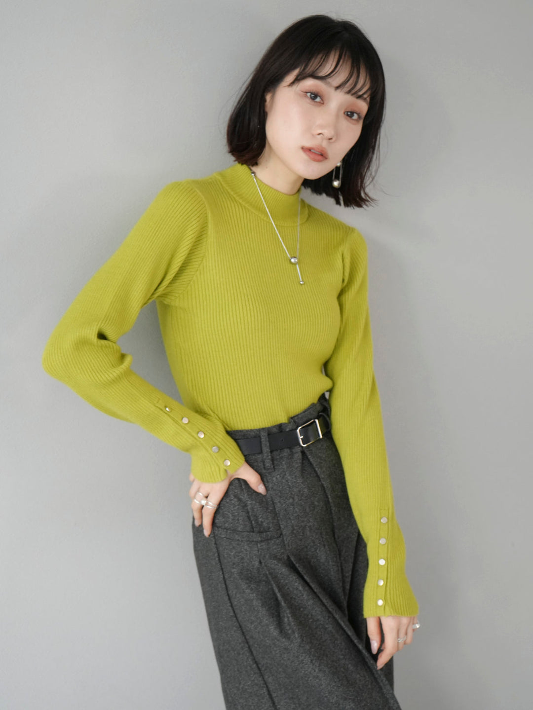 [SET] Sleeve button bottle neck ribbed knit top + tweed double tuck wide pants (2 sets)