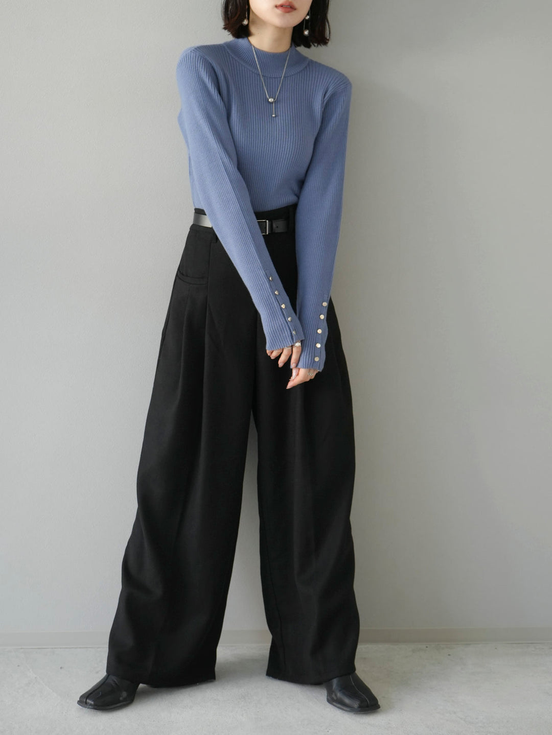 [SET] Sleeve button bottle neck ribbed knit top + tweed double tuck wide pants (2 sets)