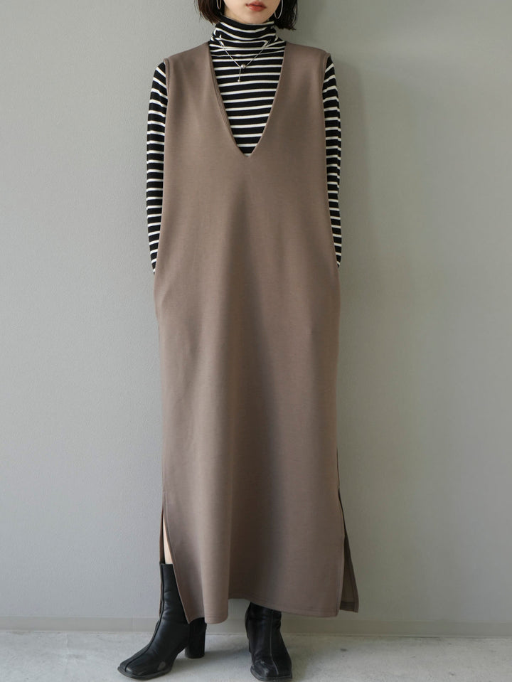 [SET] Ponte crop top ensemble dress + finger hole turtleneck striped knit top (2set)