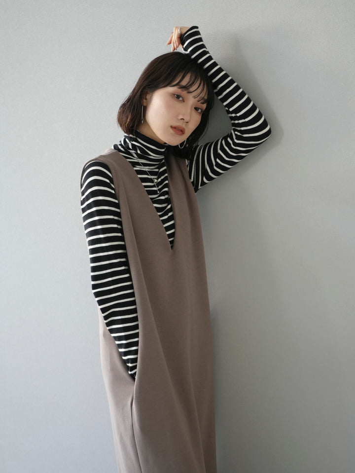 [SET] Ponte crop top ensemble dress + finger hole turtleneck striped knit top (2set)
