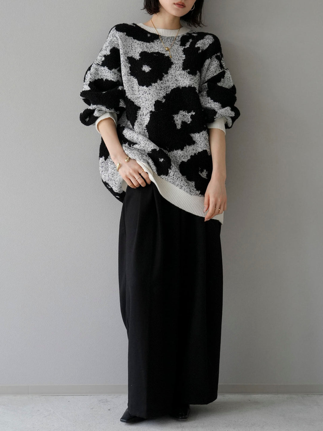 [SET] Mixed material nuance pattern knit + tweed double tuck wide pants (2 sets)
