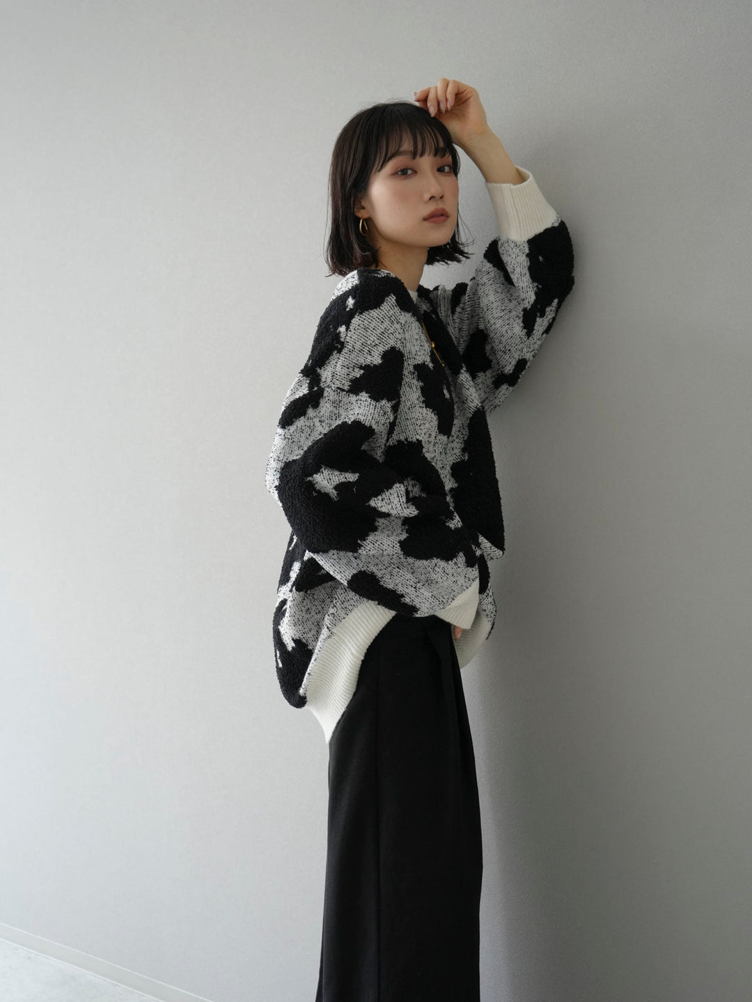 [SET] Mixed material nuance pattern knit + tweed double tuck wide pants (2 sets)