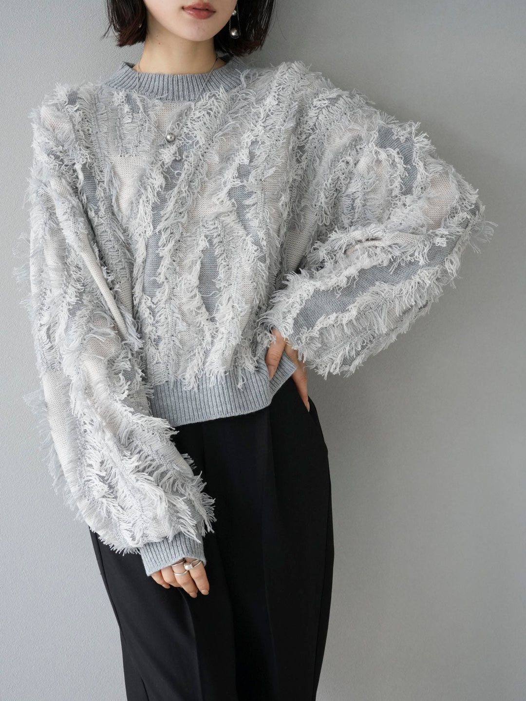 [SET] Fringe design knit pullover + easy tapered pants S (2set)