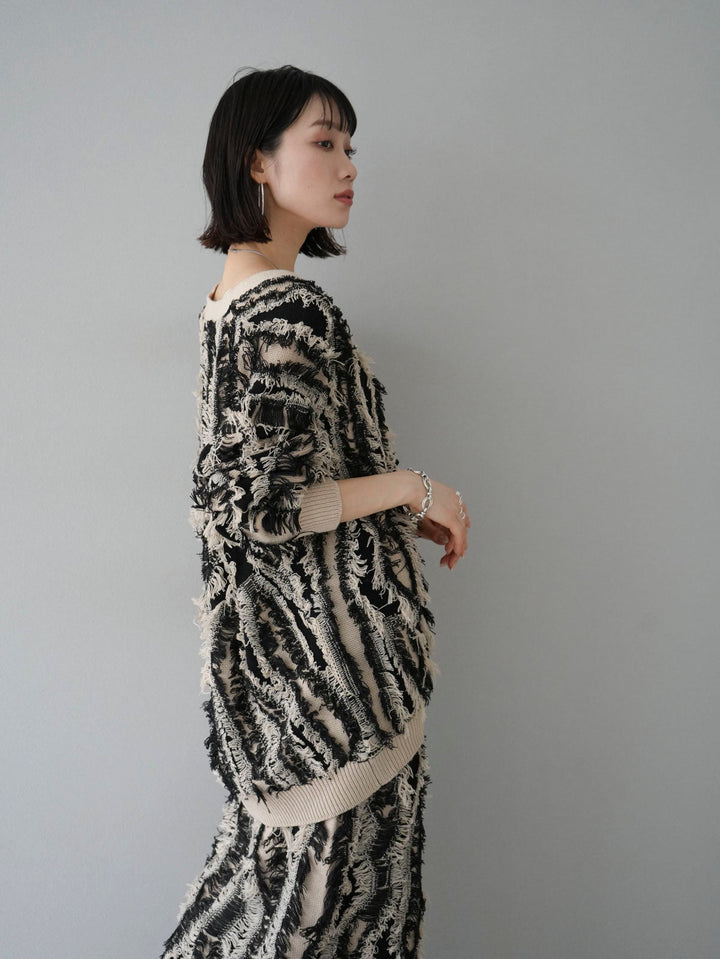 [SET] Fringe design knit cardigan + fringe design knit skirt (2set)