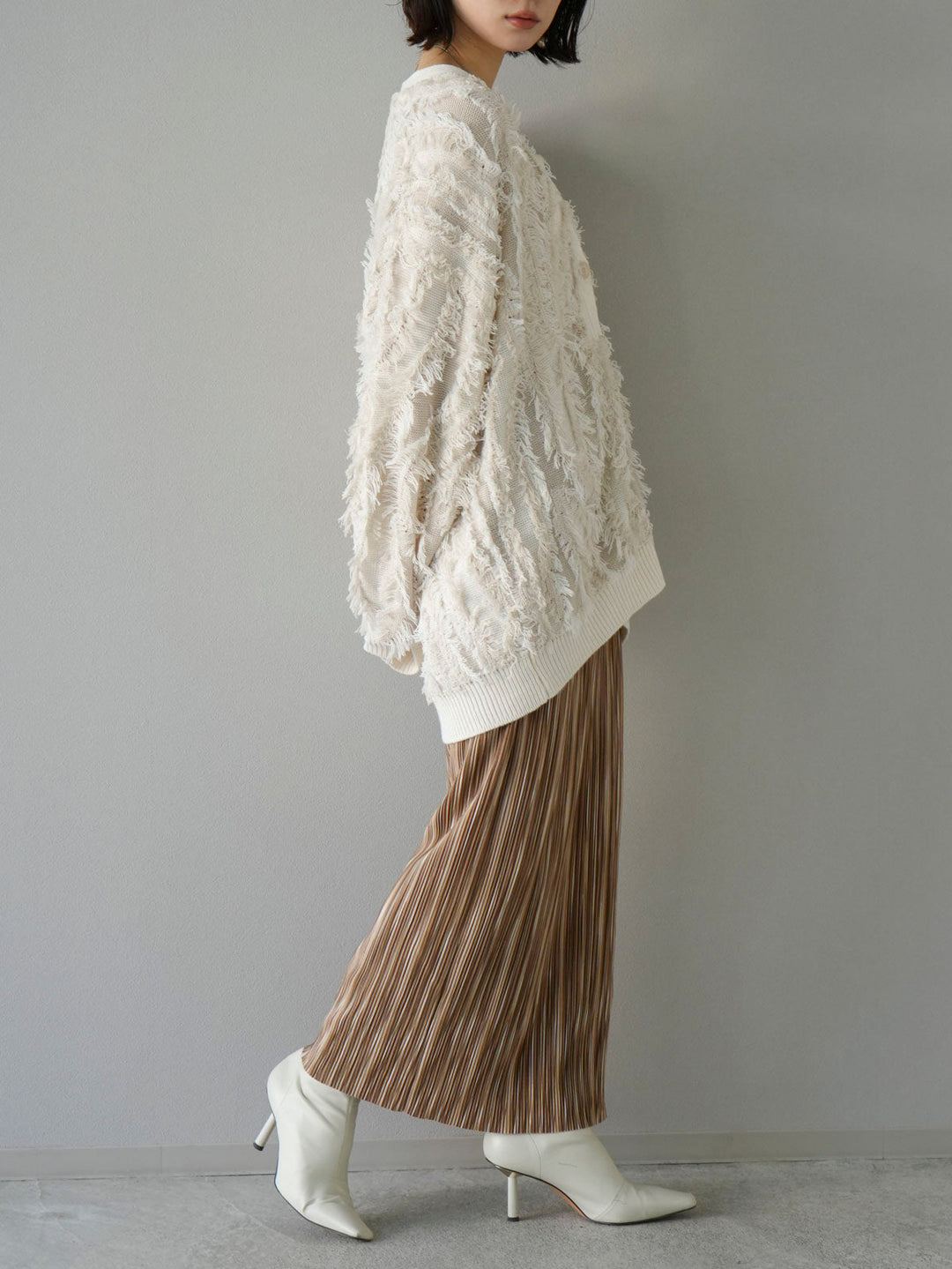[SET] Fringe design knit cardigan + multi-color I-line pleated skirt (2set)