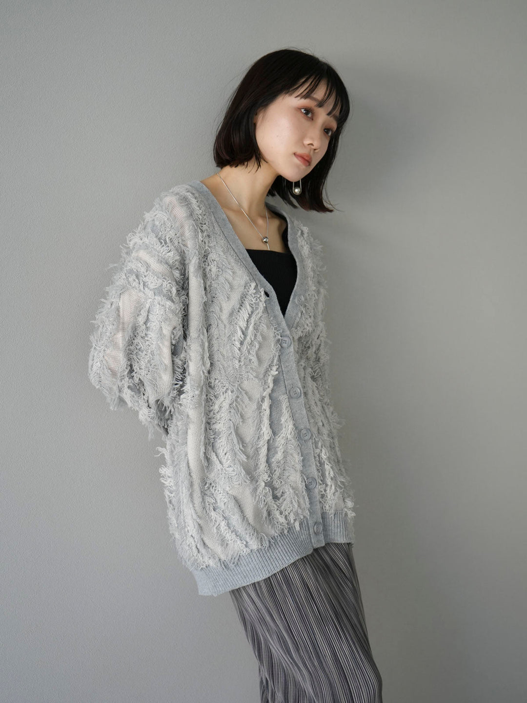 [SET] Fringe design knit cardigan + multi-color I-line pleated skirt (2set)
