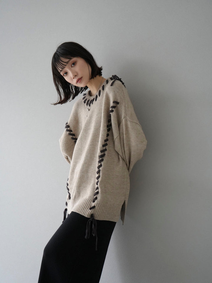 [SET] Hand-stitched color-coordinated over-knit pullover + I-line pleated skirt (2 sets)