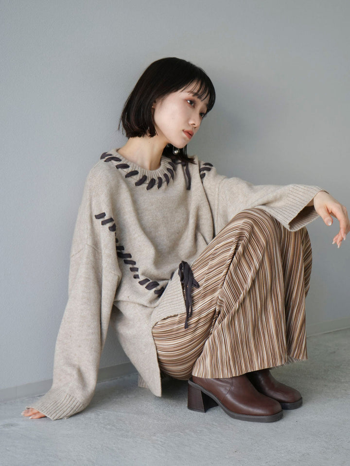 [SET] Hand-stitched color-coordinated over-knit pullover + multi-color I-line pleated skirt (2 sets)