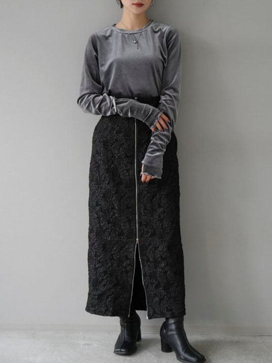 [SET] Velour fingerhole top + front zip jacquard skirt (2set)