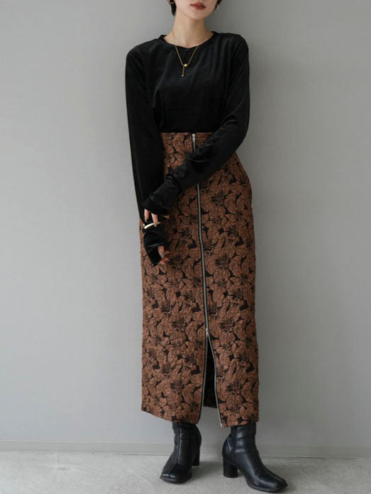 [SET] Velour fingerhole top + front zip jacquard skirt (2set)