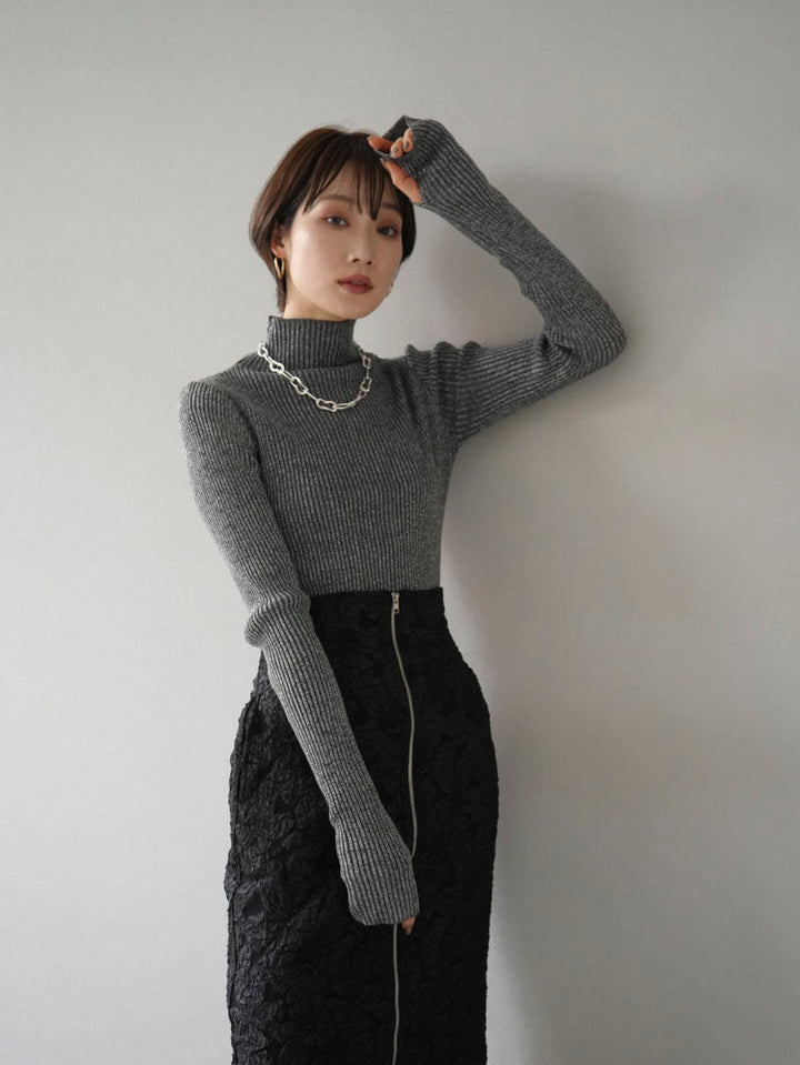 [SET] High neck lame rib knit top + front zip jacquard skirt (2set)