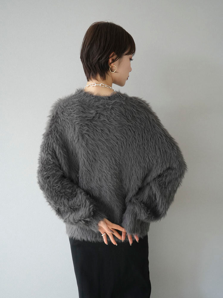 SET] Petite neck volume sleeve shaggy knit + front zip knit tight 