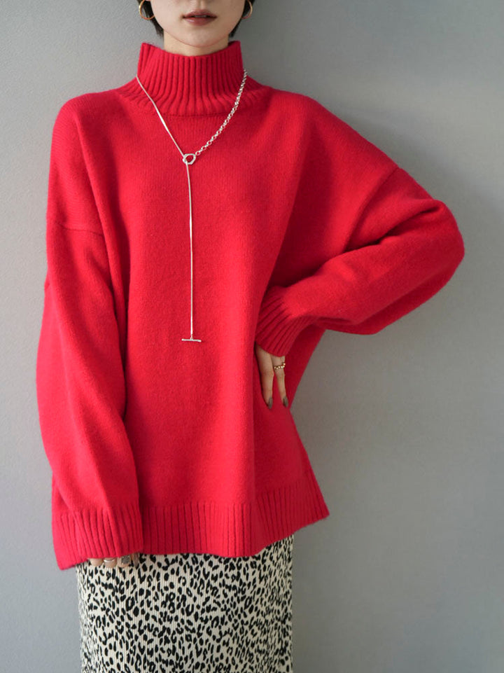 [SET] Basic high neck over knit pullover + choice of necklace (2 sets)