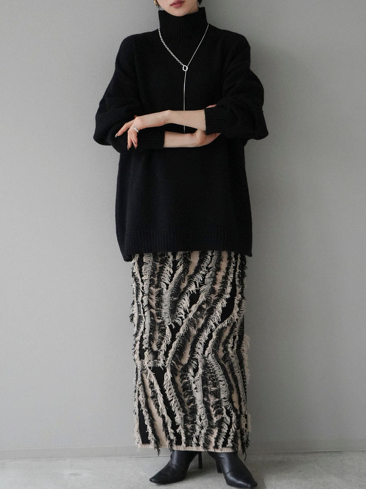 [SET] Basic high neck over knit pullover + fringe design knit skirt (2set)