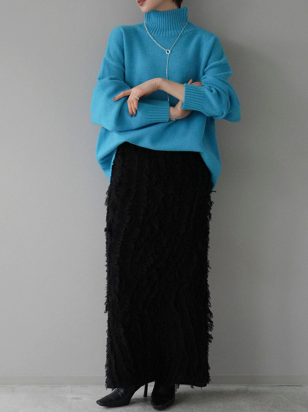 [SET] Basic high neck over knit pullover + fringe design knit skirt (2set)