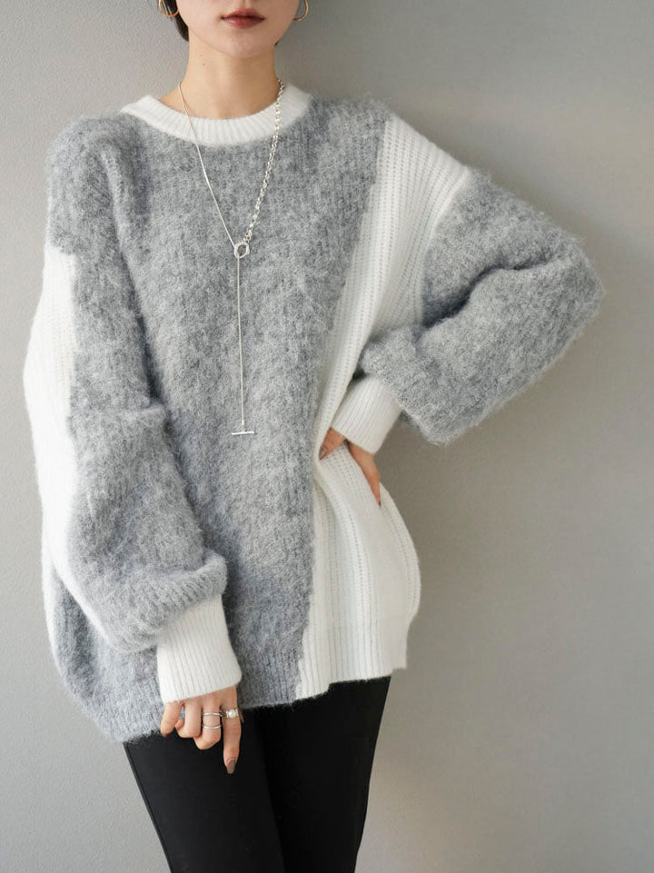 [SET] Mixed material color combination volume sleeve knit + choice of necklace (2 sets)