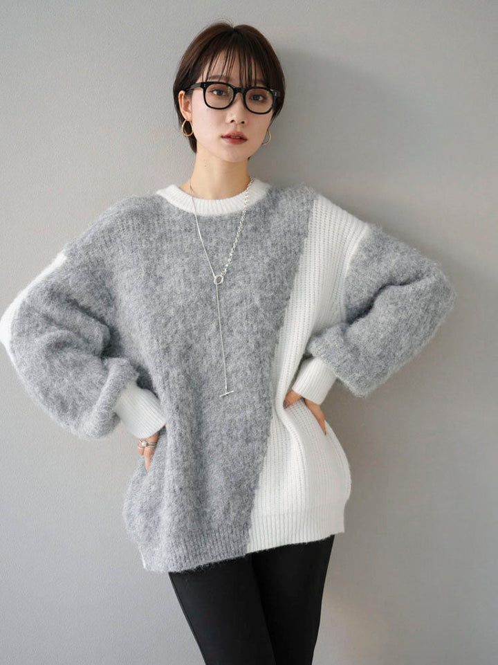 [SET] Mixed material color combination volume sleeve knit + choice of necklace (2 sets)