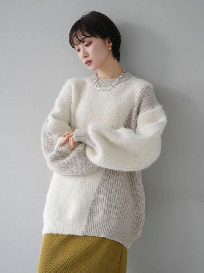 [SET] Mixed material color combination volume sleeve knit + I-line pleated skirt (2 sets)