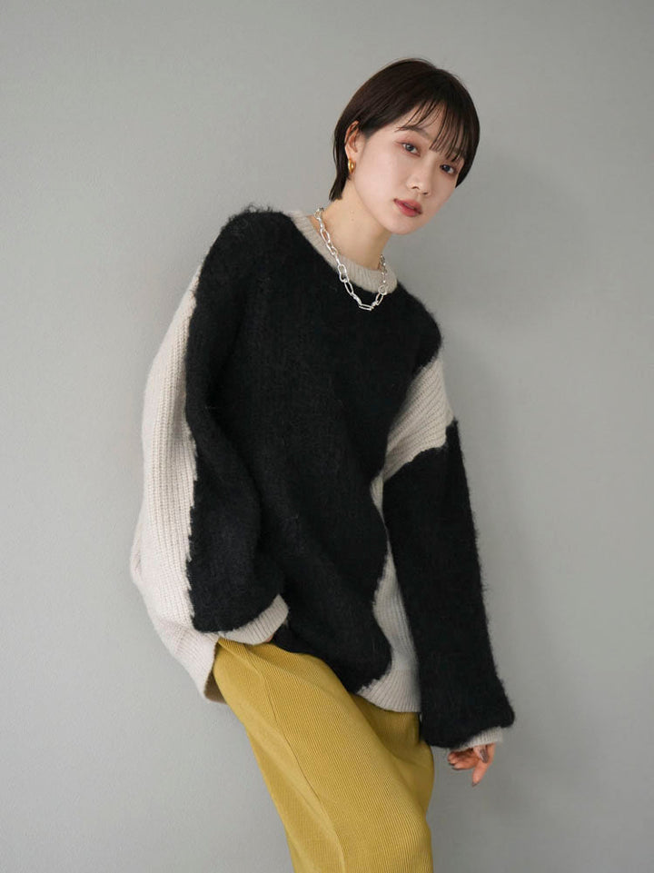 [SET] Mixed material color combination volume sleeve knit + I-line pleated skirt (2 sets)