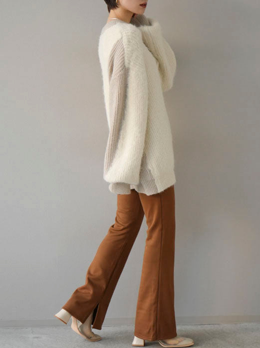 [SET] Mixed material color combination volume sleeve knit + easy flare warm slit pants (2set)