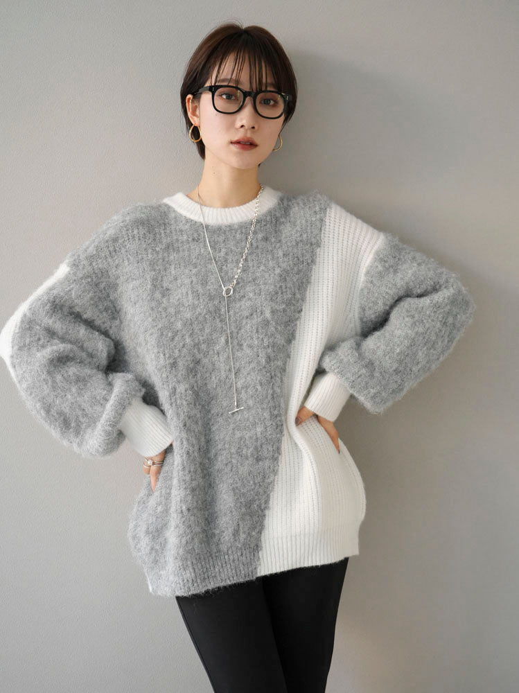 [SET] Mixed material color combination volume sleeve knit + easy flare warm slit pants (2set)