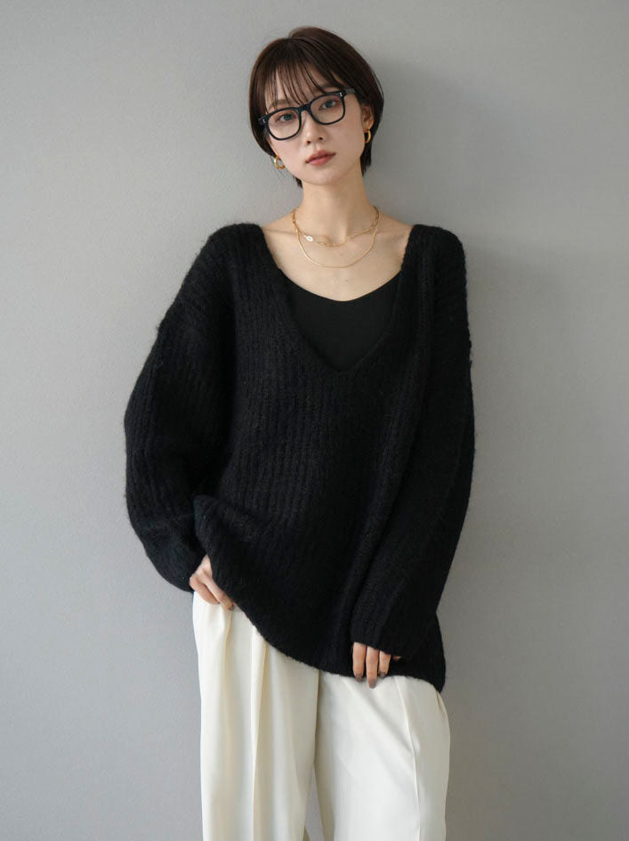 [SET] Angora touch deep V-neck knit pullover + double tuck wide pants (2set)