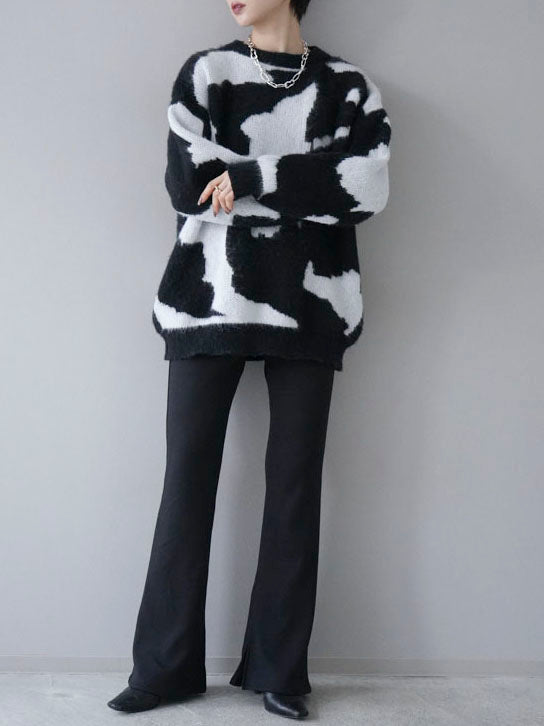 [SET] Random design shaggy knit pullover + easy flare warm slit pants (2set)