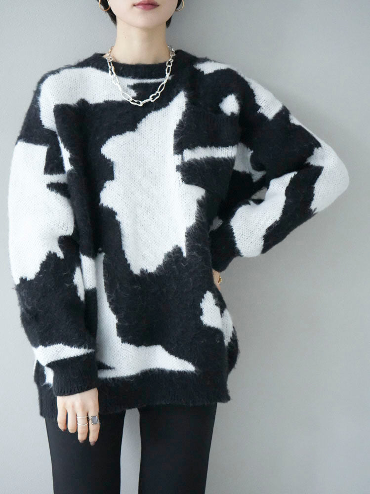 [SET] Random design shaggy knit pullover + easy flare warm slit pants (2set)