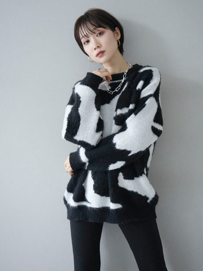 [SET] Random design shaggy knit pullover + easy flare warm slit pants (2set)