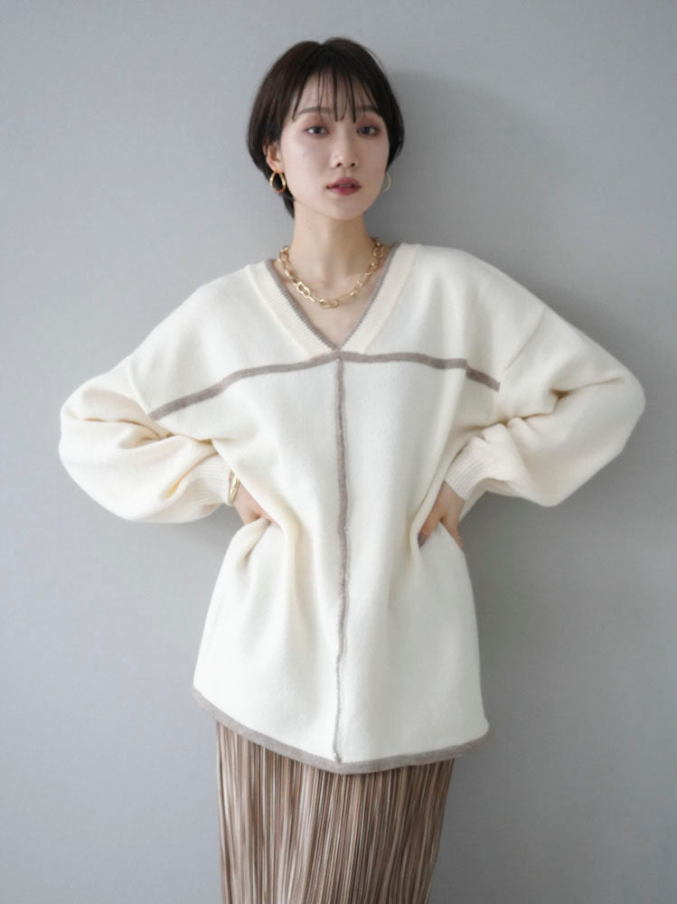 [SET] Color-coordinated piping 2-way knit pullover + choice of necklace (2 sets)