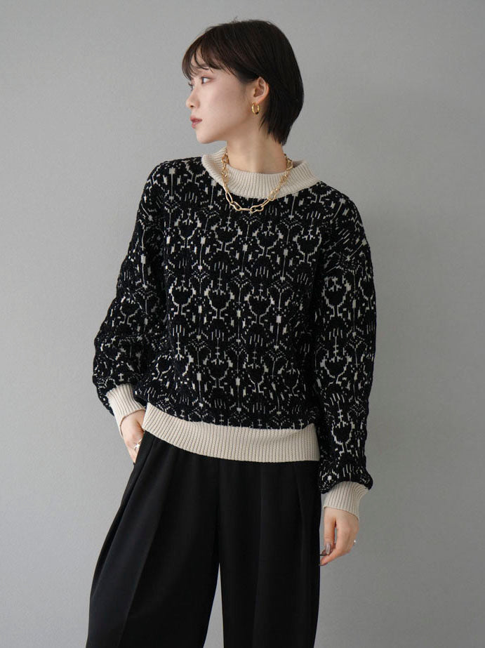 [SET] Different material color combination pattern knit pullover + choice of necklace (2 sets)