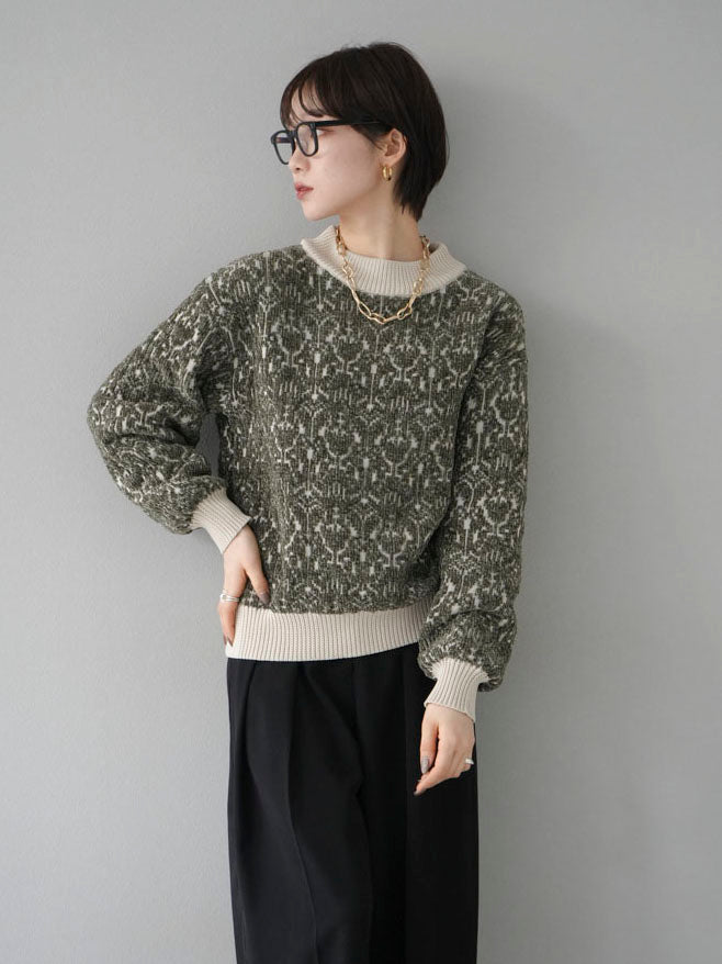 [SET] Different material color combination pattern knit pullover + choice of necklace (2 sets)
