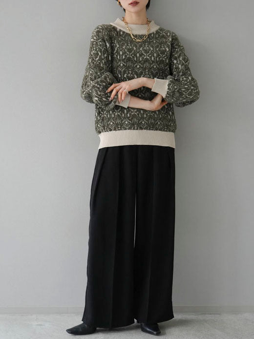 [SET] Mixed material color pattern knit pullover + double tuck wide pants (2 sets)