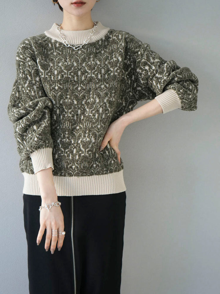 [SET] Different material color combination pattern knit pullover + front zip knit tight skirt (2set)