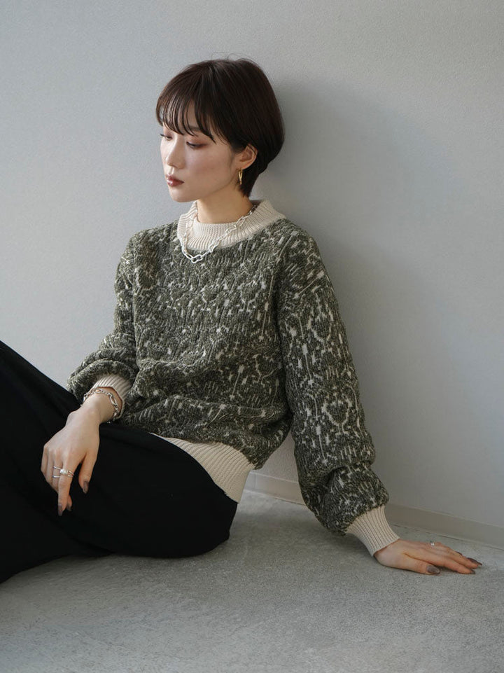 [SET] Different material color combination pattern knit pullover + front zip knit tight skirt (2set)