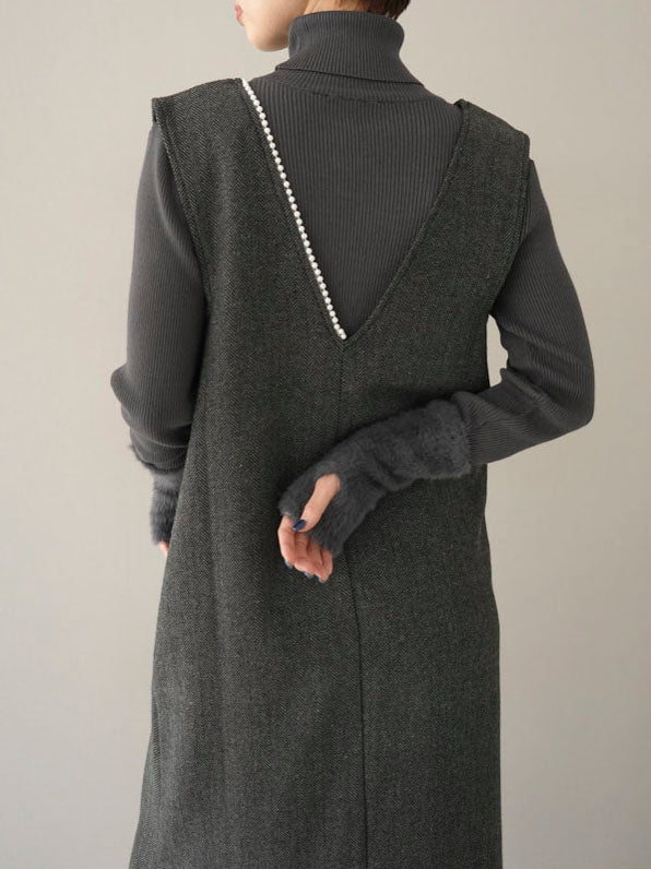 [SET] Herringbone pearl design V-neck dress + shaggy switching turtle rib knit top (2set)