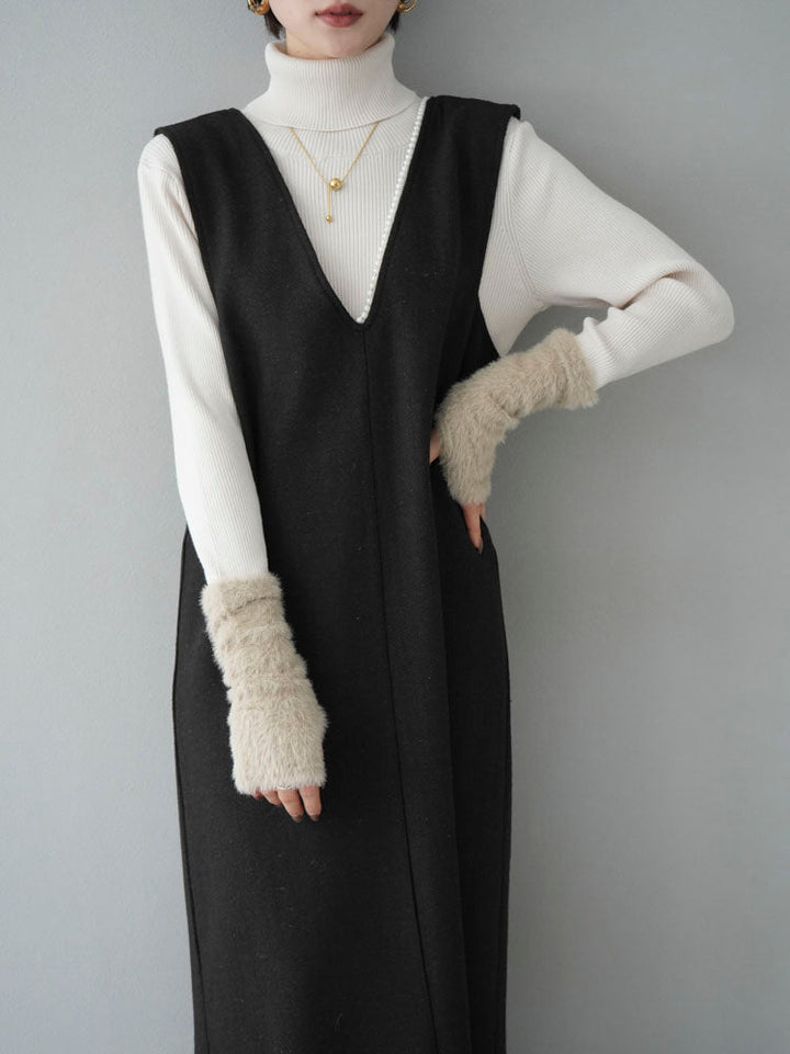 [SET] Herringbone pearl design V-neck dress + shaggy switching turtle rib knit top (2set)