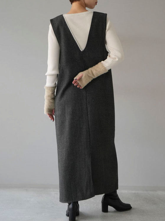 [SET] Herringbone pearl design V-neck dress + shaggy switching ribbed knit top (2set)