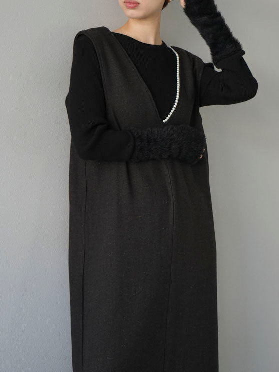 [SET] Herringbone pearl design V-neck dress + shaggy switching ribbed knit top (2set)