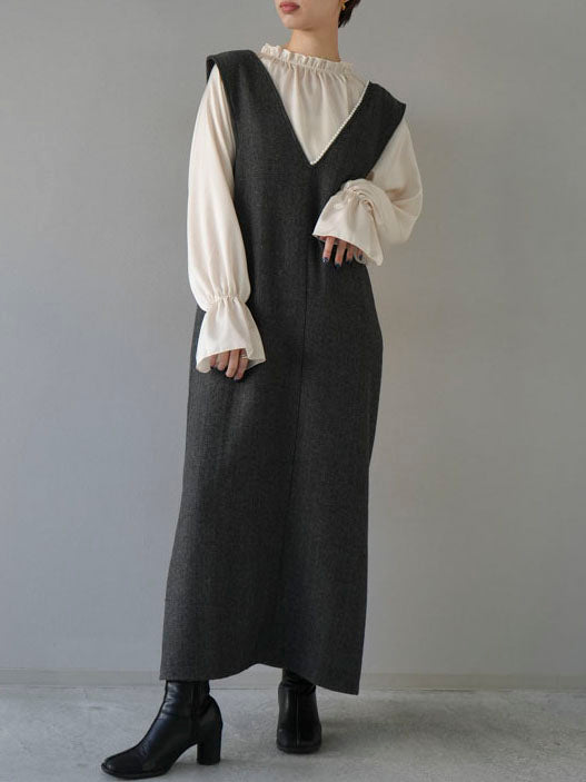 SET]ヘリンボーンパールデザインVネックワンピース+サテンフリル