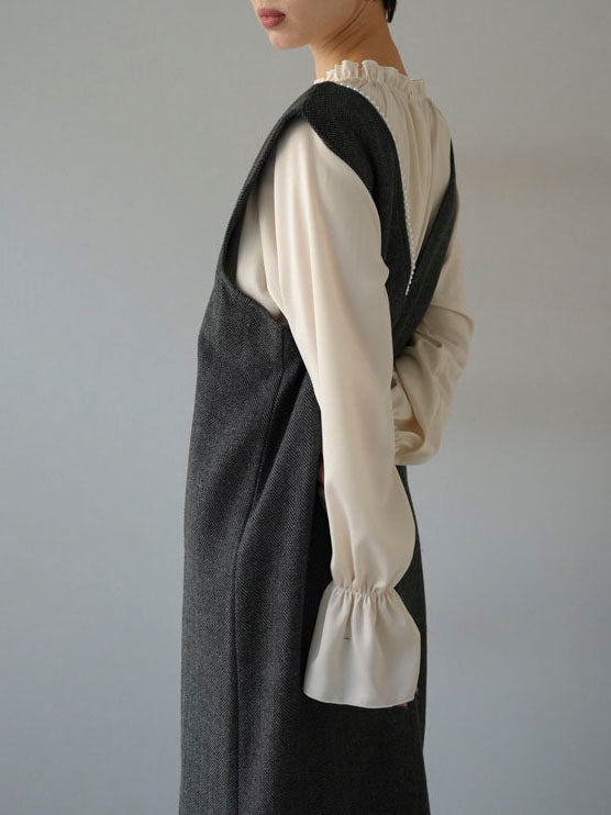 [SET] Herringbone pearl design V-neck dress + satin ruffle blouse (2set)