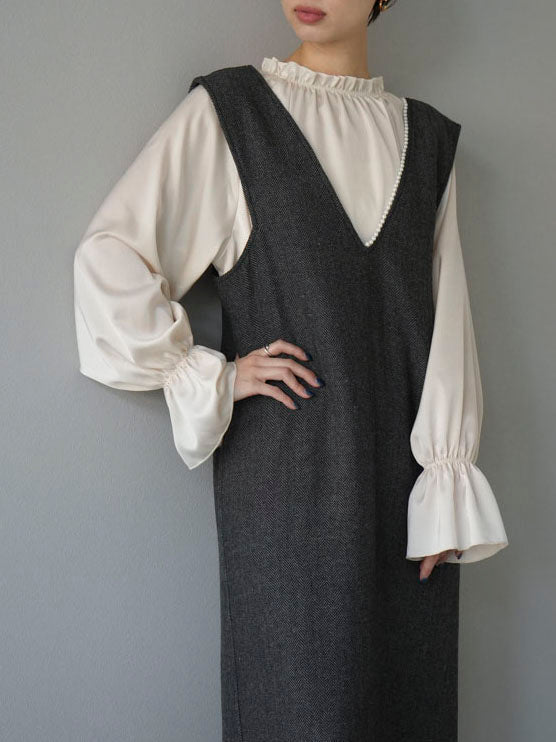 [SET] Herringbone pearl design V-neck dress + satin ruffle blouse (2set)