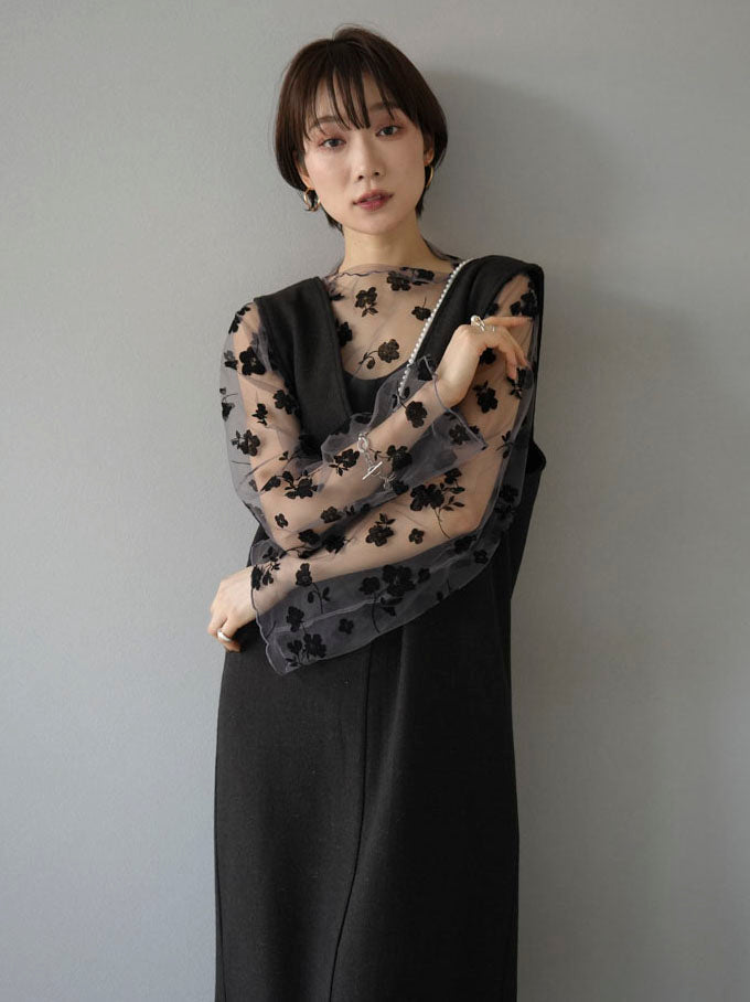 [SET] Herringbone pearl design V-neck dress + flower flocked sheer top (2set)