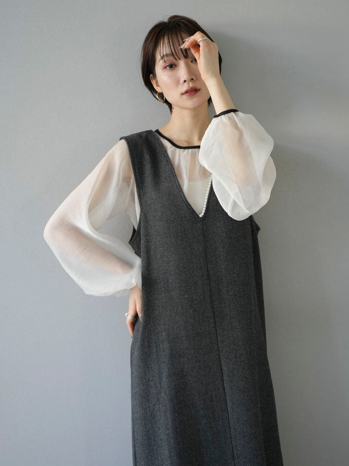 [SET] Herringbone pearl design V-neck dress + organza piping cropped blouse (2set)