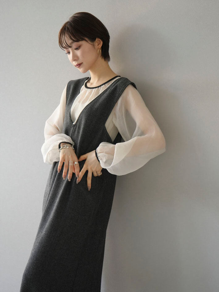 [SET] Herringbone pearl design V-neck dress + organza piping cropped blouse (2set)