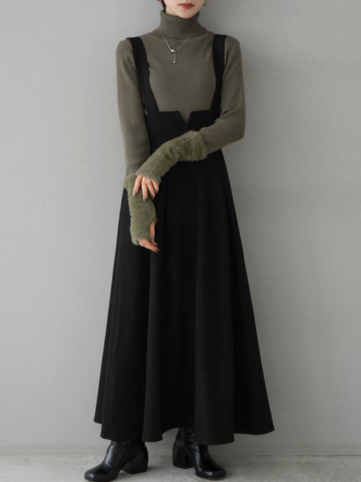 [SET] Shaggy switching turtle rib knit top + 2WAY flare jumper skirt (2set)