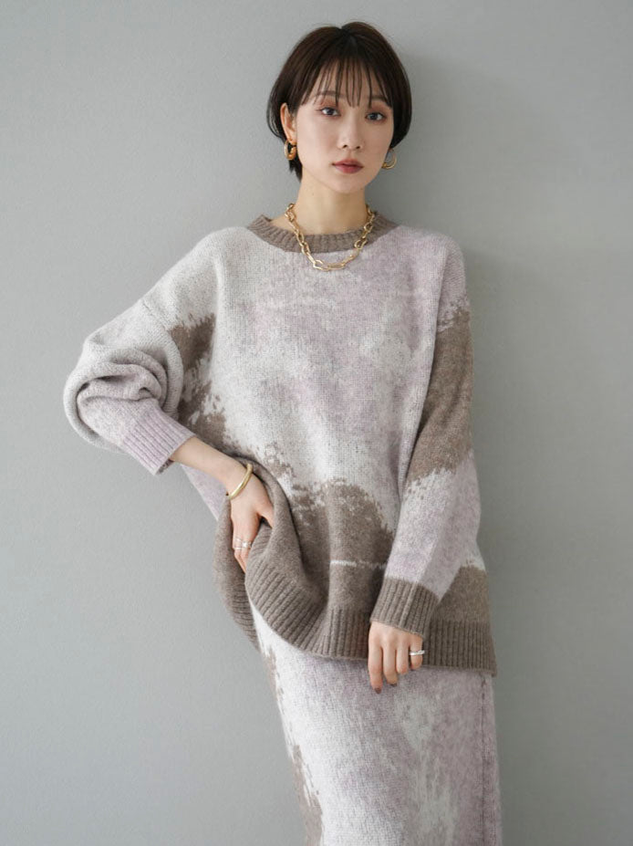 [SET] Mohair-touch nuance pattern knit pullover + choice of necklace (2 sets)