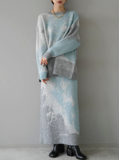 [SET] Mohair touch nuance pattern knit pullover + Mohair touch nuance pattern knit skirt (2 sets)